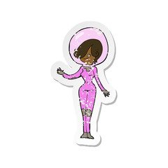 retro distressed sticker of a cartoon space woman