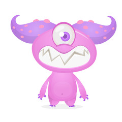 Happy and cute excited monster with one eye. Halloween vector illustration. Big set of cartoon monsters