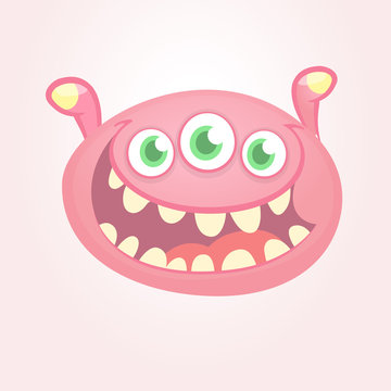 Cartoon thee eyed monster head illustration. Design for logo or sticker