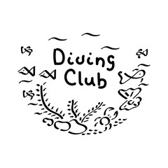 Diver club, hand written. Blue sea. Vector illustration with tropical underwater cave.