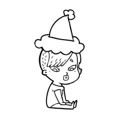 line drawing of a surprised girl wearing santa hat