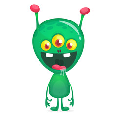 Green funny happy cartoon alien. Green vector alien character with three eyes. Halloween design