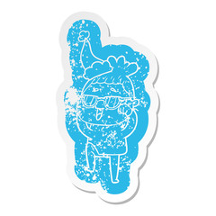 cartoon distressed sticker of a happy woman wearing spectacles wearing santa hat