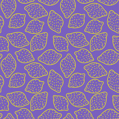 Lemon seamless pattern. Hand drawn fresh fruit. Vector sketch background. Color doodle wallpaper. Exotic tropical print. Yellow citrus