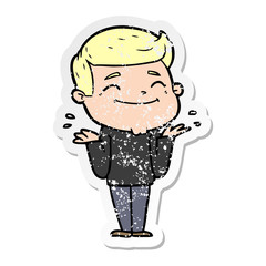 distressed sticker of a happy cartoon man shrugging
