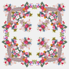 Beautiful floral pattern in russian style. Bandana print with garden flowers and abstract ornament.