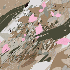 Military camouflage texture with trees, branches, grass and watercolor stains. Vector illustration. Camouflage military background in modern style.