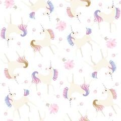Seamless vintage pattern with cute unicorns and gentle light ponk flowers isolated on white background.