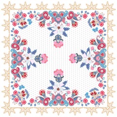 Beautiful doily or bandana print with paisley and bunches of garden flowers om white background. Golden ornamental frame.