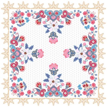 Beautiful doily or bandana print with paisley and bunches of garden flowers om white background. Golden ornamental frame.
