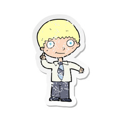 retro distressed sticker of a cartoon school boy with idea