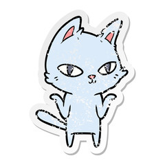 distressed sticker of a cartoon cat staring