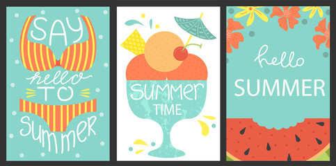 Set of 3 posters of summertime. Vector design concept for summer. Sea vacation, watermelon slice, ice cream