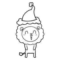 laughing lion line drawing of a wearing santa hat