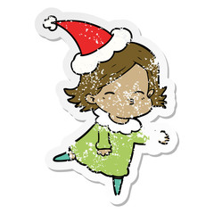 distressed sticker cartoon of a woman wearing santa hat