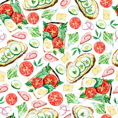 hand painted watercolor pattern seamless food - sandwich and filling