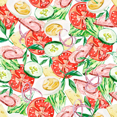 watercolor pattern seamless filling food - eggs, cucumbers, lettuce, onion rings, bacon, Basil, greens, tomato, cheese