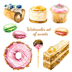 watercolor set of sweets: donats, candy, cupcake, macarons, desserts