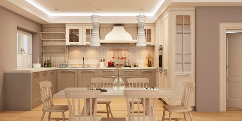 Modern kitchen interior with white and brown wooden facades. 3d rendering.