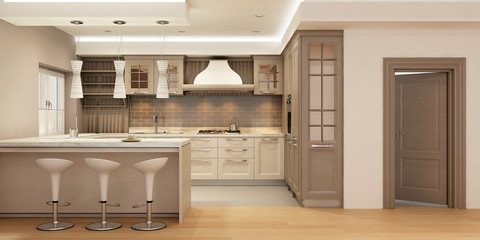 Modern kitchen interior with white and brown wooden facades. 3d rendering.