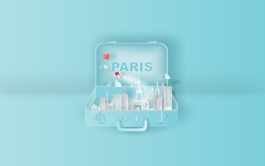 Paper art of Traveling holiday hotel booking Eiffel tower Paris city,Website Travel landmarks city pastel color suitcase concept your text space background,Illustration of idea design vacation.vector.