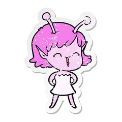 distressed sticker of a cartoon alien girl laughing