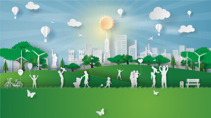 Paper art style of eco landscape sunlight at New York City America with happy family having fun,People big family enjoy fresh air in outdoor park,illustration design ecology paper cut concept vector.