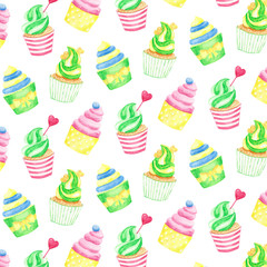 Watercolor seamless pattern with cupcakes.