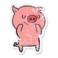 distressed sticker of a happy cartoon pig