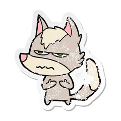 distressed sticker of a cartoon annoyed wolf