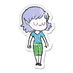 distressed sticker of a happy cartoon elf girl