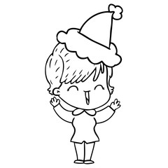 line drawing of a laughing woman wearing santa hat