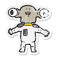 distressed sticker of a friendly cartoon alien