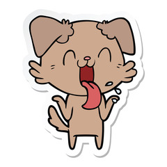 sticker of a cartoon panting dog shrugging shoulders