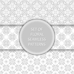 Gray and white floral seamless backgrounds. Compilation of patterns