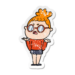 distressed sticker of a cartoon annoyed woman