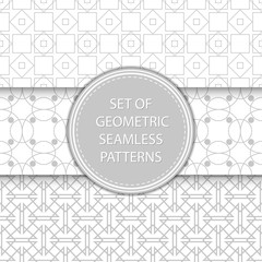 Compilation of geometric seamless patterns. Gray and white mixed shapes backgrounds