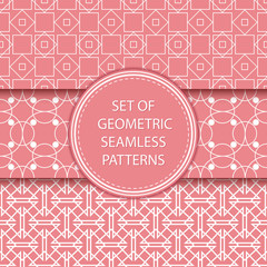 Compilation of geometric seamless patterns. Pink and white mixed shapes backgrounds