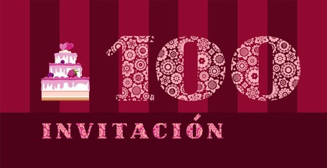 Invitation to the celebration, 100 years, berry cake, Spanish, vector. Color card with the number 100. The inscription in Spanish 
