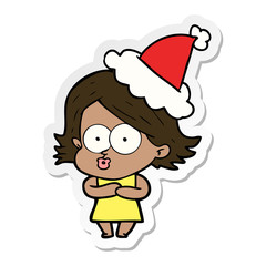 sticker cartoon of a girl pouting wearing santa hat