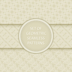 Compilation of geometric seamless patterns. Olive green and white mixed shapes backgrounds