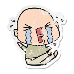 distressed sticker of a cartoon crying bald man