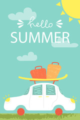 A bright summer card. Greeting card. Time to travel. Vector design concept for summer party.
