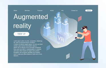 Landing page template of virtual augmented reality glasses concept with man learning and entertaining. Concept of web page design for website and mobile website. Vector illustration. 