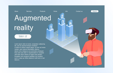 Landing page template of virtual augmented reality glasses concept with man learning and entertaining. Concept of web page design for website and mobile website. Vector illustration. 