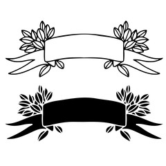 Hand drawn black borders, leaves, ribbon