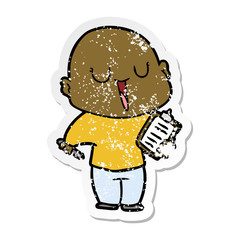distressed sticker of a happy cartoon bald man