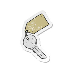retro distressed sticker of a cartoon key with tag