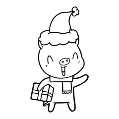 happy line drawing of a pig with xmas present wearing santa hat