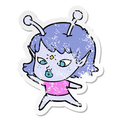 distressed sticker of a pretty cartoon alien girl